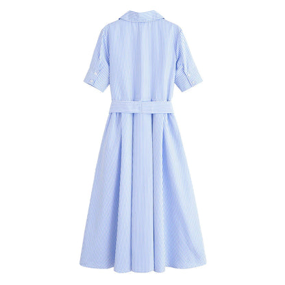 HH Woman Dresses Solid Turn-Down Collar Short Sleeve Pockets Bow Lace-Up Single-Breasted Female Fashion Long Dress 7 Color