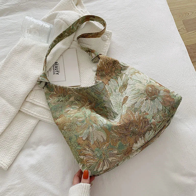 New Large Capacity Women's Handbag Fashion Printing Underarm Bag Retro Leisure Waterproof Shoulder Bag Women Canvas Shopping Bag