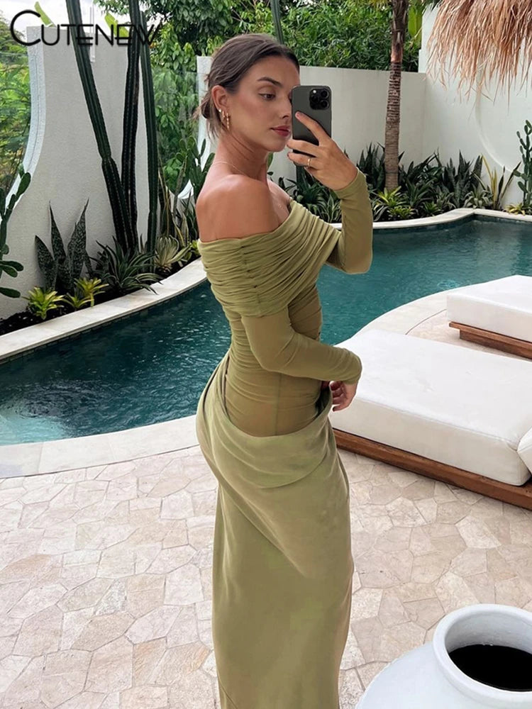Cutenew Mesh Ruched Women Maxi Dress Sexy See Through Off Shoulder Long Sleeve Sheath Vestidos Female Midnight Party Solid Robe
