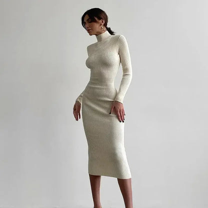 Women Knitted Dress Elegant Fashion White Turtleneck Bodycon Midi Dresses Female Autumn Winter Long Sleeve Slim Streetwear Dress