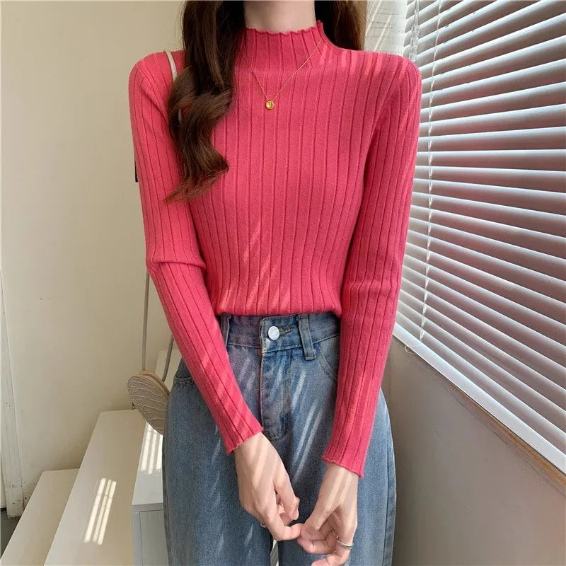 Woman Sweaters 2025 Autumn Winter Knitted Ribbed Turtleneck Sweater Women Clothes Long Sleeve Slim Basic Pullover Solid Tops