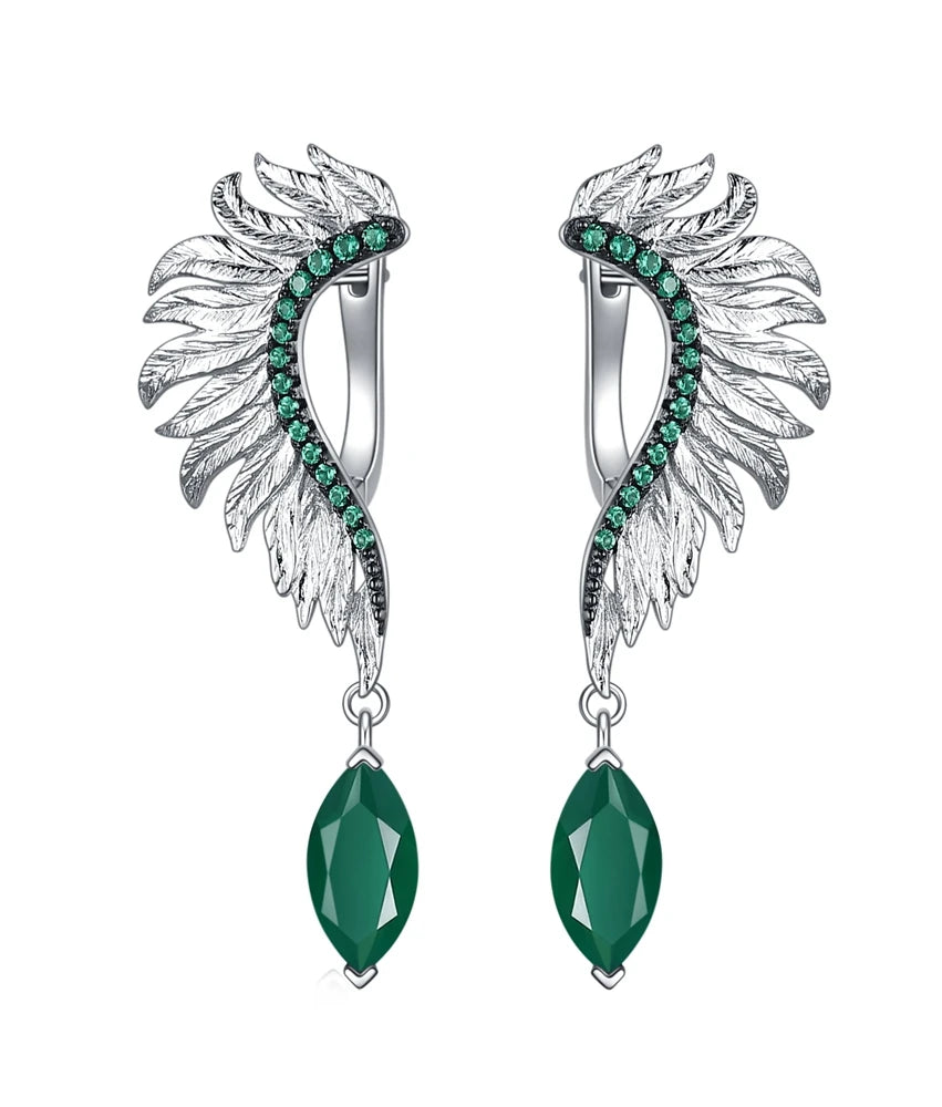 GEM'S BALLET Angel Wings Feather 925 Sterling Silver Earrings For Women Jewelry Anniversary Gift Natural Green Agate Amethyst