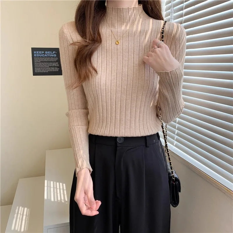 Woman Sweaters 2025 Autumn Winter Knitted Ribbed Turtleneck Sweater Women Clothes Long Sleeve Slim Basic Pullover Solid Tops