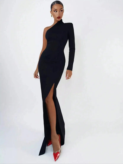Women's Fashion Spring Summer Sexy Elegant Black Long Sleeve One Shoulder Long Bodycon Dress Party Cocktail Evening Dress Clothe