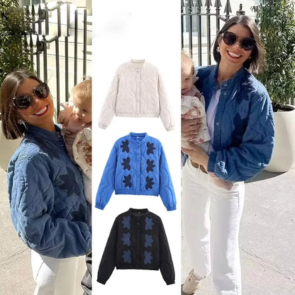 2025 Women's Crop Coat Fashion Warm Single Breasted Blue Embroidery Cotton Jackets Woman Autumn Winter Chic Outwear