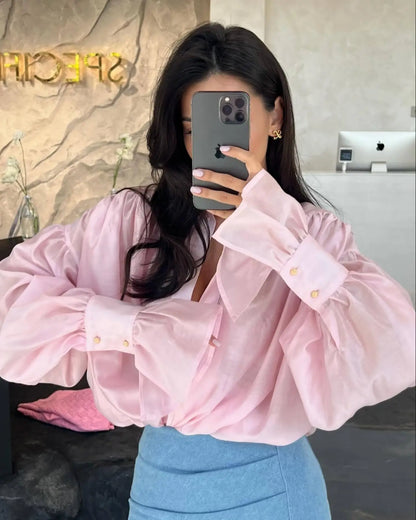 Women's Clothing 2025 Autumn New Sweet Fresh Loose Lapel Lantern Sleeve Long Sleeve Shirt Ladies Tops