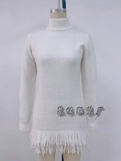 Knitted Dresses 2025 Woman High Neck Vestidos Tassel Sweater Pulls Femmes Keep Warm Homewear Solid Color Temperament Commuting