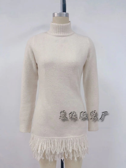 Knitted Dresses 2025 Woman High Neck Vestidos Tassel Sweater Pulls Femmes Keep Warm Homewear Solid Color Temperament Commuting