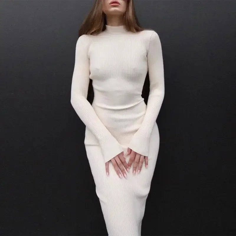 Women Knitted Dress Elegant Fashion White Turtleneck Bodycon Midi Dresses Female Autumn Winter Long Sleeve Slim Streetwear Dress