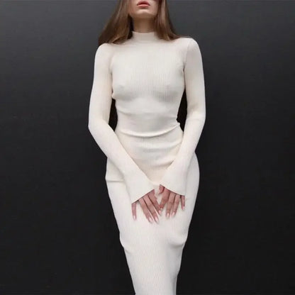 Women Knitted Dress Elegant Fashion White Turtleneck Bodycon Midi Dresses Female Autumn Winter Long Sleeve Slim Streetwear Dress