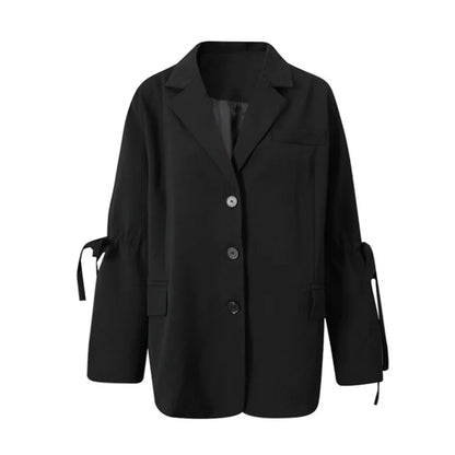 Women's Black Blazer Top with Bell Sleeves Bow Tie Cuffs Elegant Lapel Casual Jacket Drawstring Waist Loose Fit Office Outerwear