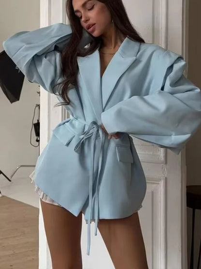 HH Woman's 2025 Autumn Fashion Long Sleeve Lapel Wide Shoulder Blazer Jacket Female Lace-up Single Buckle Exaggerated Coat