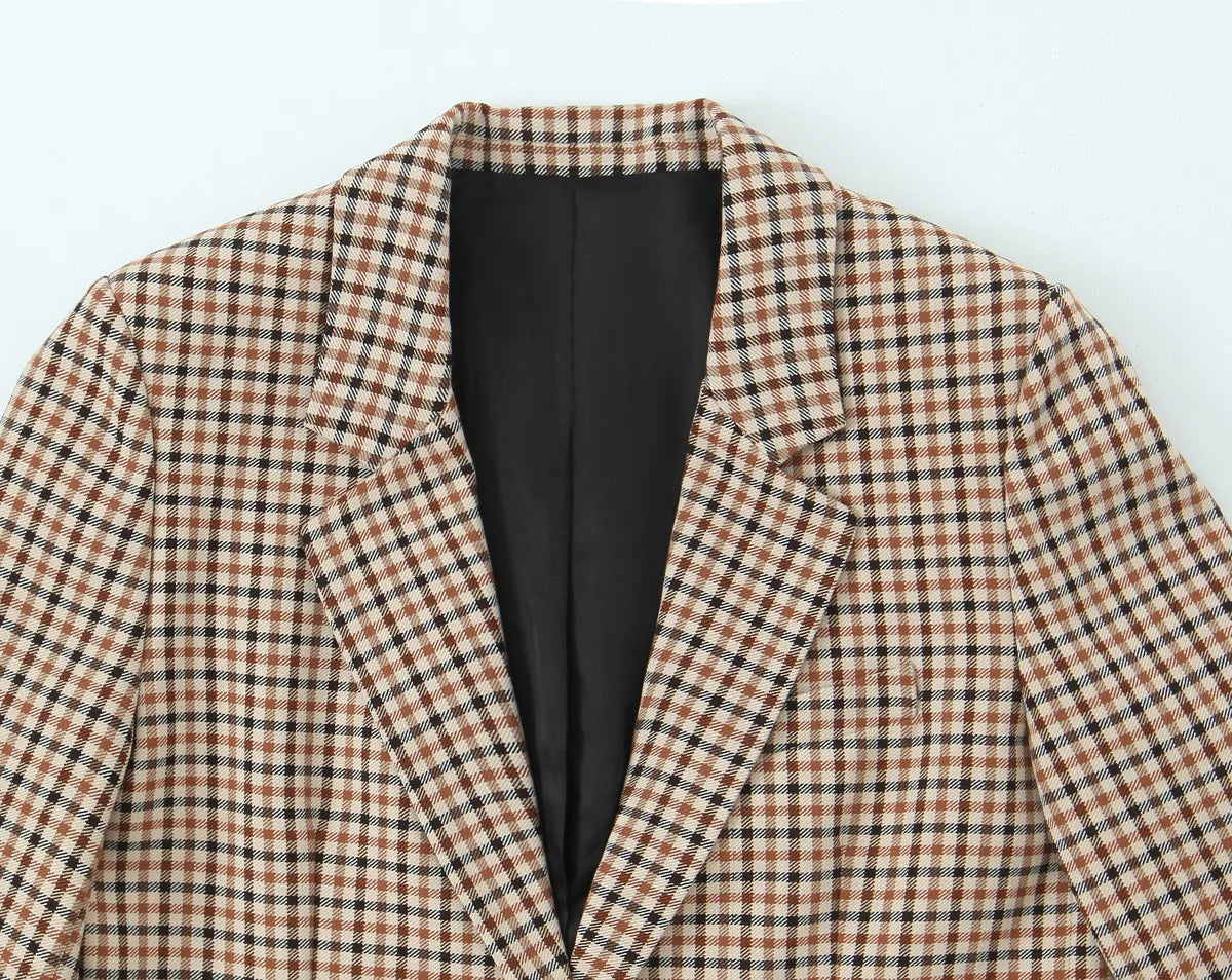 Woman Office Lady Suit Plaid Jacket Chic Autumn Khaki Plaid WomanSingle Breasted Blazer+Straight Long Pants Vintage Fashion
