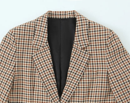 Woman Office Lady Suit Plaid Jacket Chic Autumn Khaki Plaid WomanSingle Breasted Blazer+Straight Long Pants Vintage Fashion