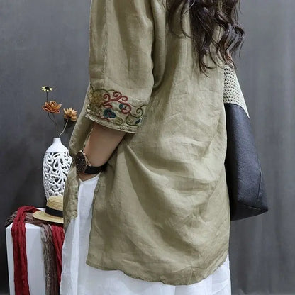 Cotton and Linen Women Clothing 2025 Summer New Print Retro Embroidery Loose Slim and Fashionable Shirt