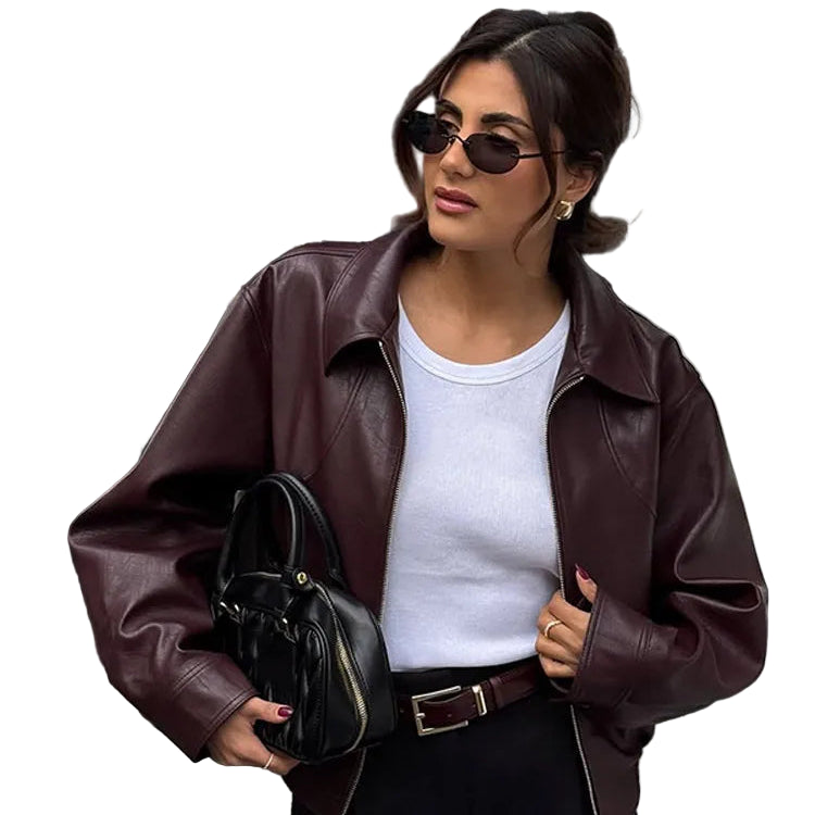 Burgundy PU Leather Lapel Jacket