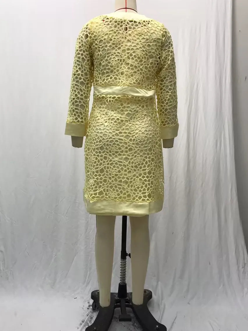 Wein Lace Cardigan Dress with Two Coats Lady Female Woman Skirt Dresses Coat Set Suit Hollow Out Cotton and Linen Formal Office