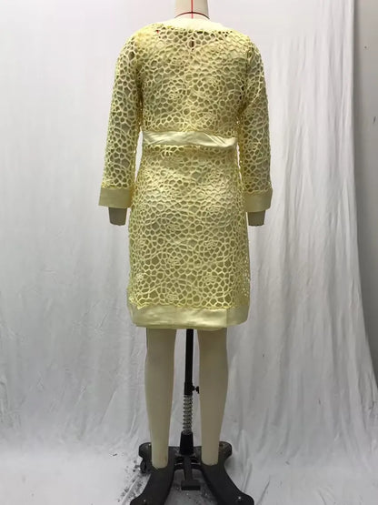 Wein Lace Cardigan Dress with Two Coats Lady Female Woman Skirt Dresses Coat Set Suit Hollow Out Cotton and Linen Formal Office