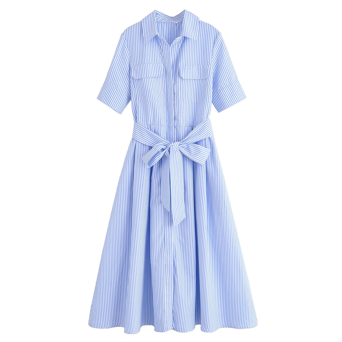 HH Woman Dresses Solid Turn-Down Collar Short Sleeve Pockets Bow Lace-Up Single-Breasted Female Fashion Long Dress 7 Color