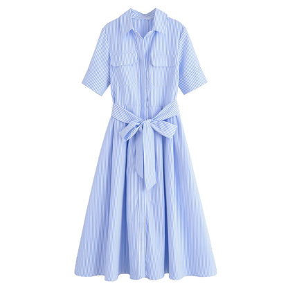 HH Woman Dresses Solid Turn-Down Collar Short Sleeve Pockets Bow Lace-Up Single-Breasted Female Fashion Long Dress 7 Color