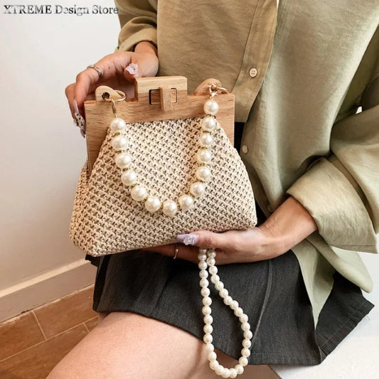 Fashion Weave Straw Shoulder Bag for Women New Summer Wooden Top Handle Clip Bag Luxury Designer Handbags Trend Female Handbag