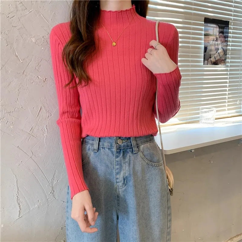 Woman Sweaters 2025 Autumn Winter Knitted Ribbed Turtleneck Sweater Women Clothes Long Sleeve Slim Basic Pullover Solid Tops