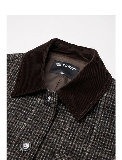 TOYOUTH Women Coat 2025 Winter New 100% Sheep Wool Corduroy Plaid Patterned Patchwork Woolen Coat