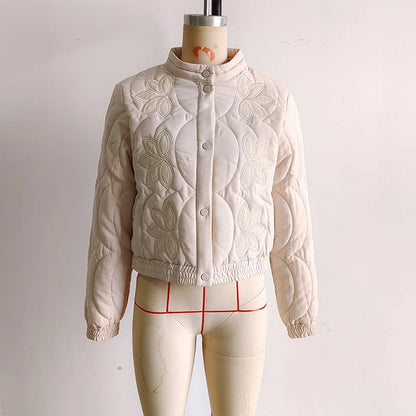 2025 Women's Crop Coat Fashion Warm Single Breasted Blue Embroidery Cotton Jackets Woman Autumn Winter Chic Outwear