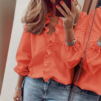 Women‘s Daily Blouses 2025 Autumn Collection Flounce Accent V-Neck Top with Delicate Puff Sleeves for Sweet Moments