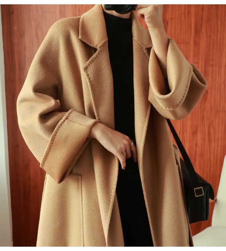 Women Double-Sided 20% Cashmere Wool Coat Jacket Women Long Beautiful Woolen Winter Autumn Warm Fashion Water Ripple Cloak