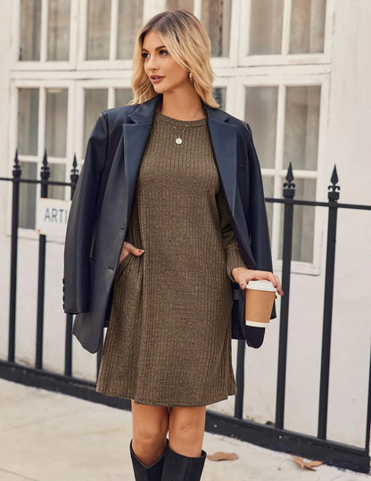 Elegant Dresses for Woman Ribbed Knit Sweater Dress Round Neck Puff Long Sleeves Casual Warm for Autumn and Winter