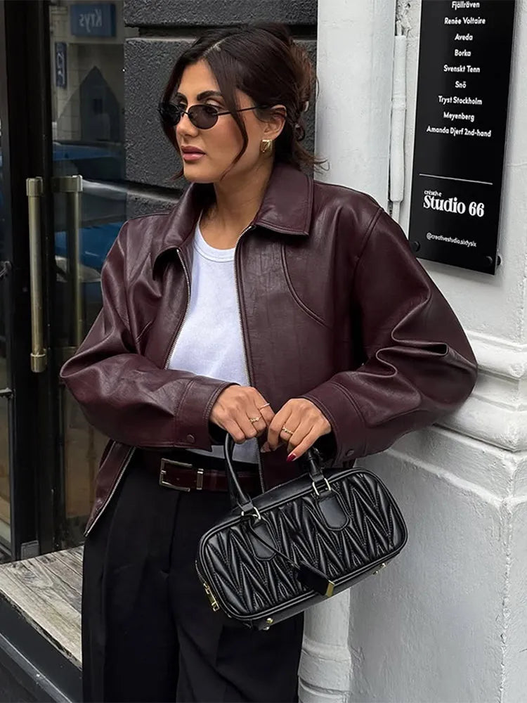 Burgundy PU Leather Lapel Jacket