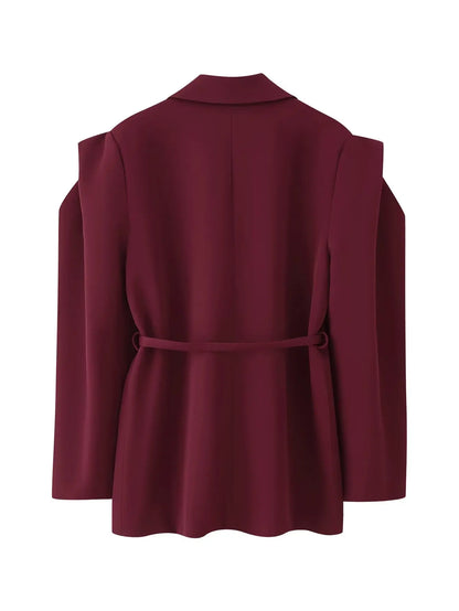 HH Woman's 2025 Autumn Fashion Long Sleeve Lapel Wide Shoulder Blazer Jacket Female Lace-up Single Buckle Exaggerated Coat