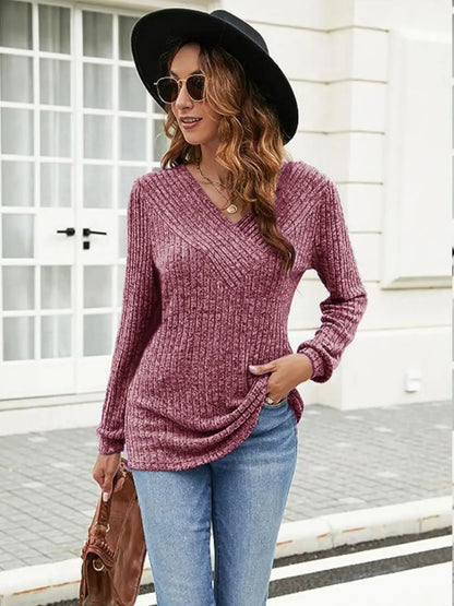 Woman Clothes V Neck Ribbed Knit Sweater Long Sleeve Loose Fit Casual Pullover Tops with Multiple Colors