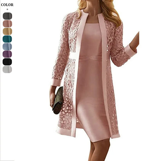 Wein Lace Cardigan Dress with Two Coats Lady Female Woman Skirt Dresses Coat Set Suit Hollow Out Cotton and Linen Formal Office