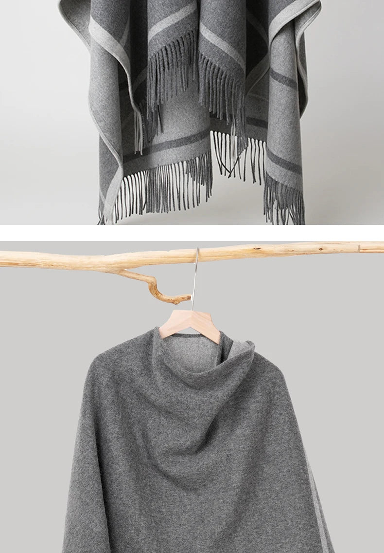 Fashion Clock Women Shawl Sweater 100% Wool Shawl Warm Female Mixed-use Cloak Autumn Winter Scarf French Tassel Cozy Wrap Clothi