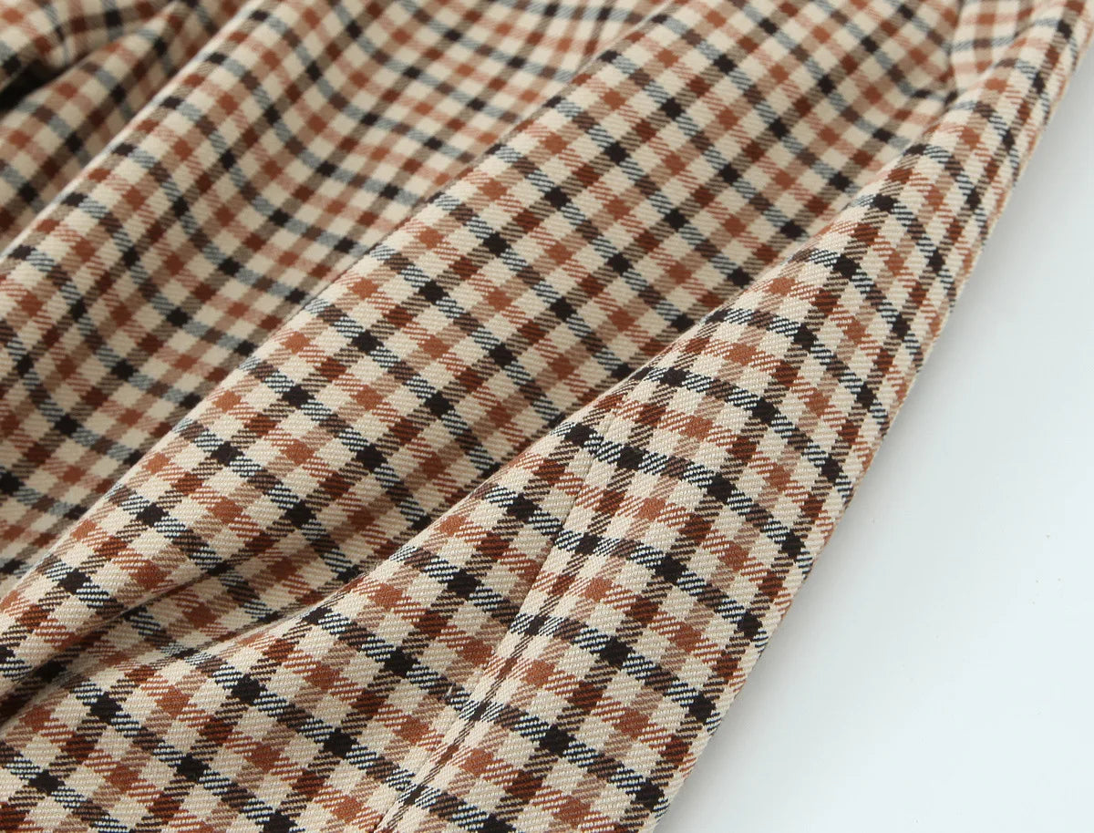 Woman Office Lady Suit Plaid Jacket Chic Autumn Khaki Plaid WomanSingle Breasted Blazer+Straight Long Pants Vintage Fashion