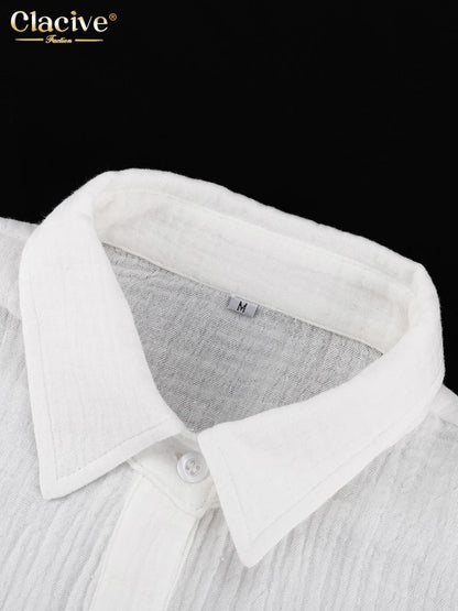 Clacive Fashion White Office Woman Blouses 2022 Autumn Lapel Long Sleeve 100%Cotton Shirts Lady Elegant Chic Top Female Clothes