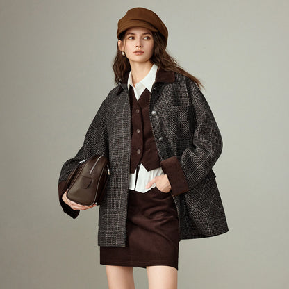 TOYOUTH Women Coat 2025 Winter New 100% Sheep Wool Corduroy Plaid Patterned Patchwork Woolen Coat