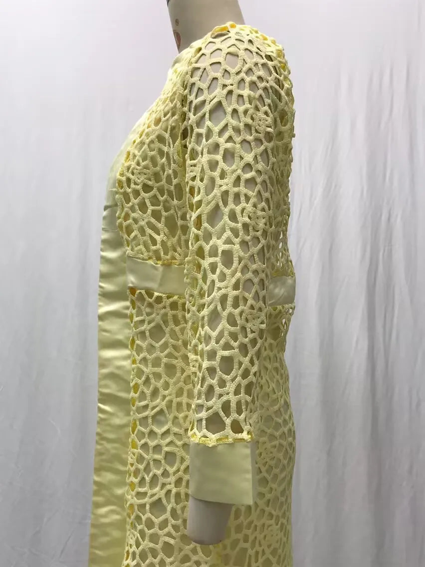 Wein Lace Cardigan Dress with Two Coats Lady Female Woman Skirt Dresses Coat Set Suit Hollow Out Cotton and Linen Formal Office