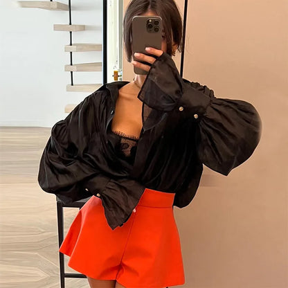 Women's Clothing 2025 Autumn New Sweet Fresh Loose Lapel Lantern Sleeve Long Sleeve Shirt Ladies Tops