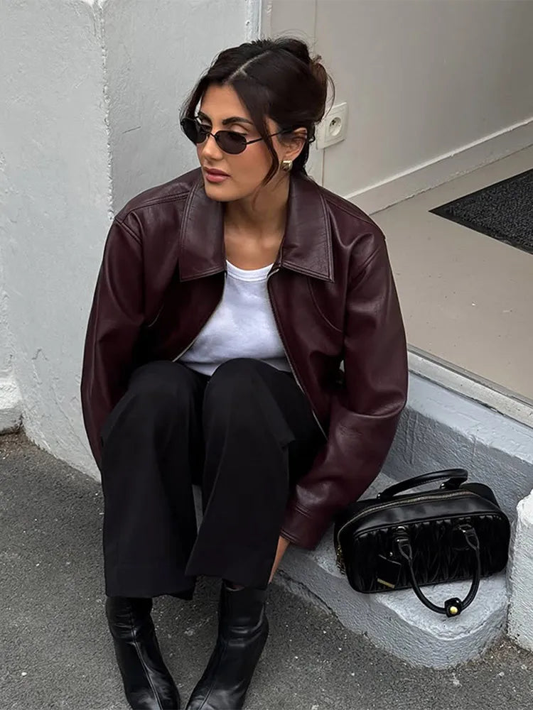 Burgundy PU Leather Lapel Jacket