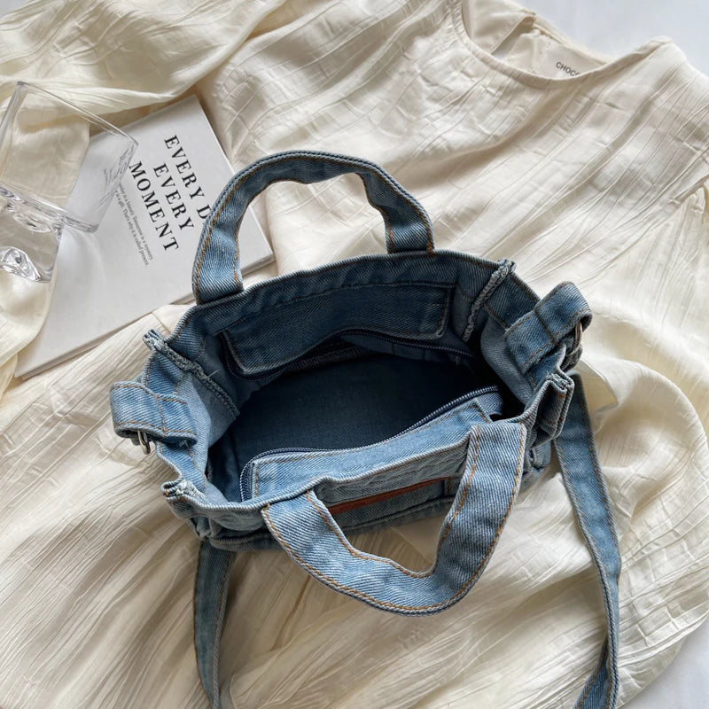 1 solid color denim handbag ladies shoulder bag suitable for girls, ladies, college students, newcomers and white-collar workers