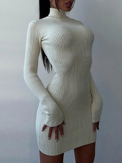Women Knitted Dress Elegant Fashion White Turtleneck Bodycon Midi Dresses Female Autumn Winter Long Sleeve Slim Streetwear Dress