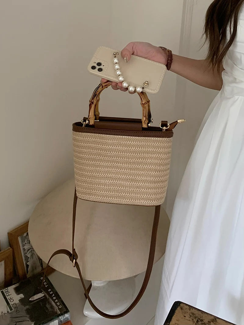 Simple Hand Knitted Women's Travel Handbags Fashion Wooden Handle Ladies Shoulder Bags Summer Straw Female Bucket Crossbody Bags