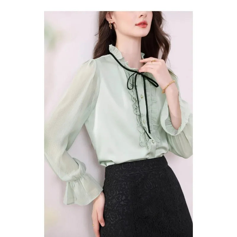 Women's Clothing Long-sleeved Chiffon Shirt Stand-up Collar French Tie High-end New Style Shirt Lace-up Top