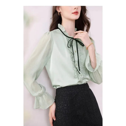 Women's Clothing Long-sleeved Chiffon Shirt Stand-up Collar French Tie High-end New Style Shirt Lace-up Top