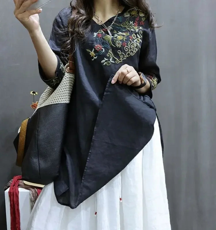 Cotton and Linen Women Clothing 2025 Summer New Print Retro Embroidery Loose Slim and Fashionable Shirt