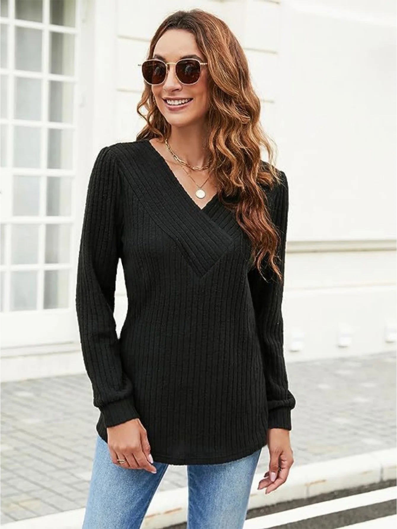Woman Clothes V Neck Ribbed Knit Sweater Long Sleeve Loose Fit Casual Pullover Tops with Multiple Colors