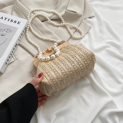 Fashion Weave Straw Shoulder Bag for Women New Summer Wooden Top Handle Clip Bag Luxury Designer Handbags Trend Female Handbag